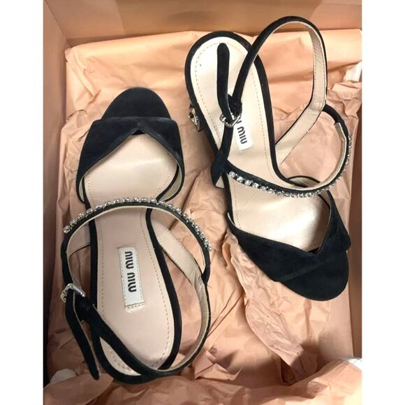 Miu Miu Black Suede Heels With Rhinestone Detail & Crystal Studded Block Heel Wo - Picture 2 of 10